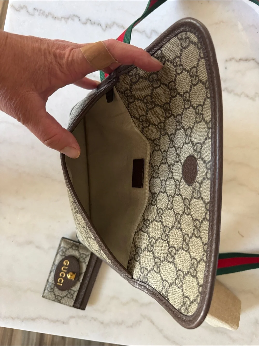 Gucci Beige GG Supreme Monogram Belt Bag with Green-Red Web Strap